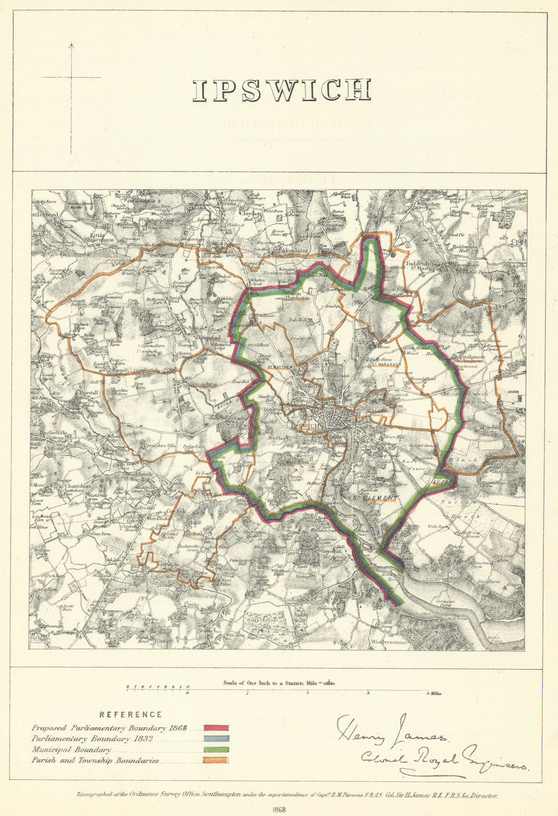 Ipswich, Suffolk. JAMES. Parliamentary Boundary Commission 1868 old map
